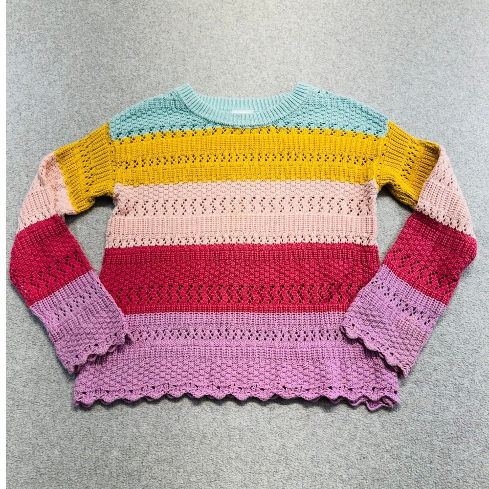 Jumping Beans Girls 7 Multicolor Striped Pointelle Knit Sweater Scallop Hem